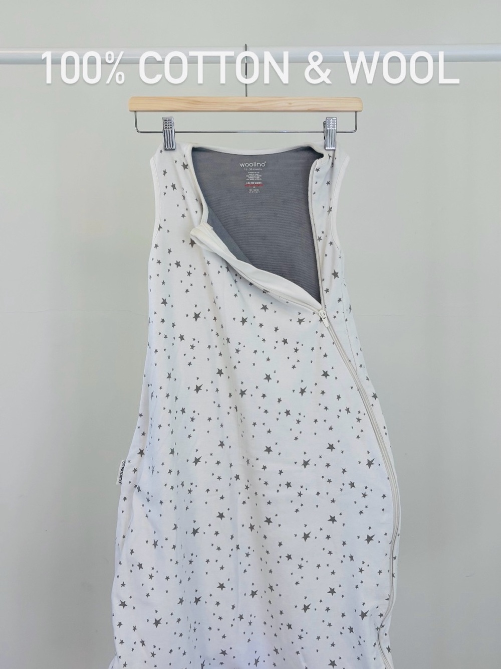 Woolino Star Print Sleep Sack | White & Gray | 100% Cotton & Wool | 18-36 months